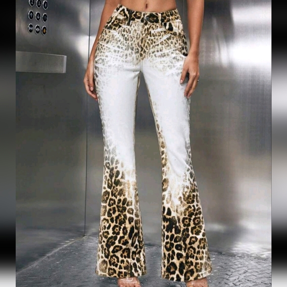 Women High Street Leopard Print Flare Leg Jeans